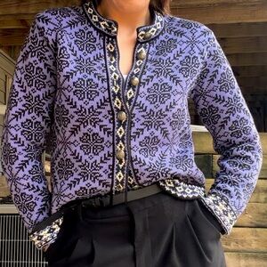 Vintage L.L. Bean 100% Cotton Cardigan in Purple & Black Snowflake
